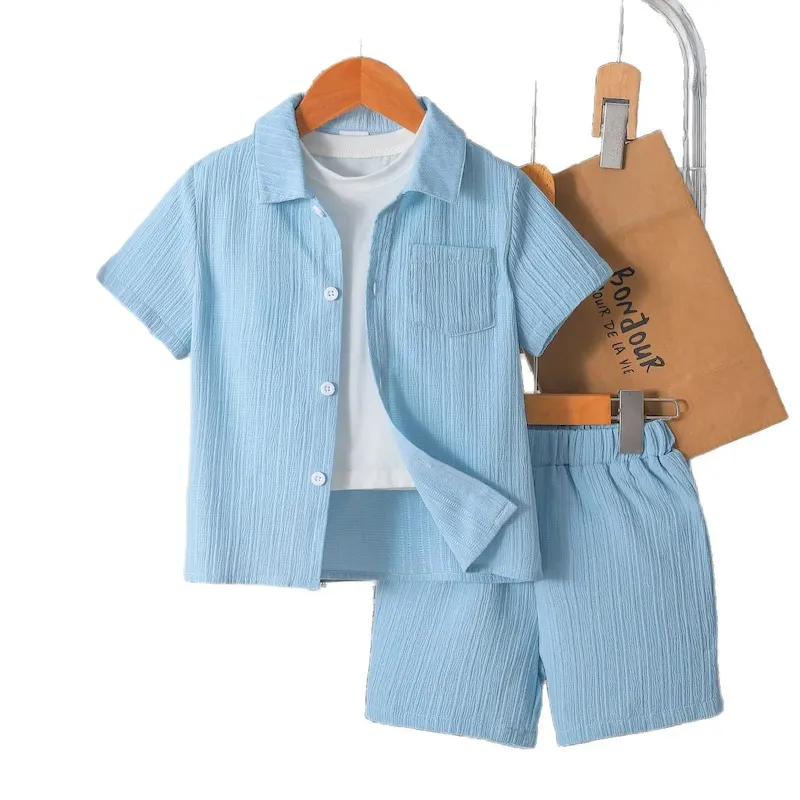 Wholesale Boys Fashion Solid Color Short Sleeve Shirt And Shorts Two-Piece Handsome - Image 5