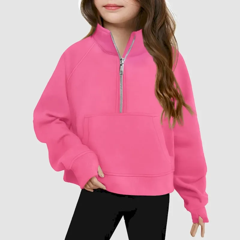Wholesale Kids Girls' Fashion Casual Autumn Solid Color Half-Zipper Long-Sleeve Loose Sweatshirt